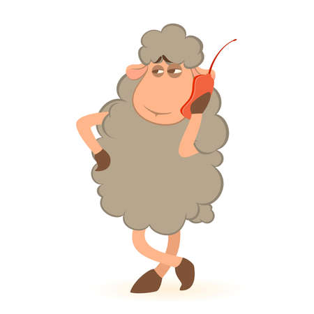 Vector illustration of cartoon sheep speaks by phoneのイラスト素材