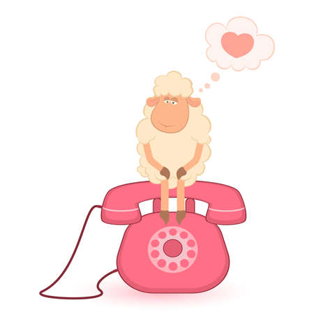 illustration of cartoon sheep sits on a telephone, waits a bellのイラスト素材