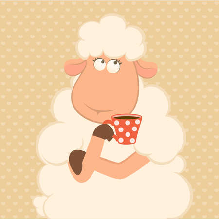 Vector illustration of cartoon sheep has coffee from a cupのイラスト素材