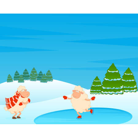 Cartoon funny sheep goes for a drive on skates. illustrationのイラスト素材
