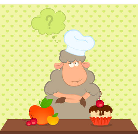 cartoon sheep chooses between a healthy fruit and harmful sweet foodのイラスト素材