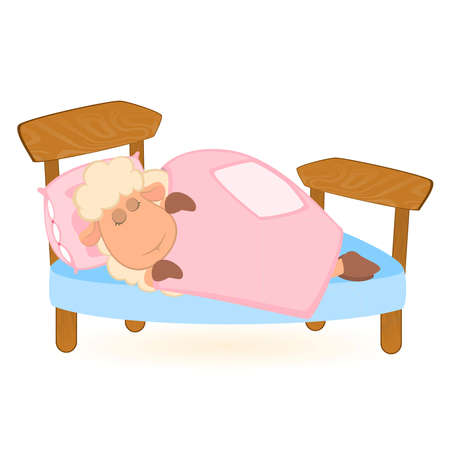 Vector illustration of cartoon sheep sleeps under a blanket in a bedのイラスト素材
