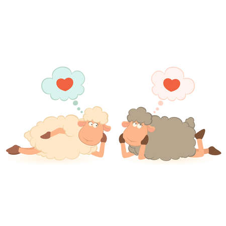 cartoon funny sheep holds a heartのイラスト素材