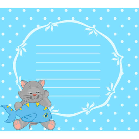 Vector cartoon little kitten with fishのイラスト素材