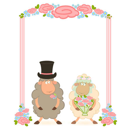 Cartoon sheep bridegroom and bride on white background.のイラスト素材