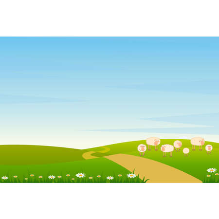 Landscape background with cartoon sheepのイラスト素材