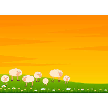 Landscape background with cartoon sheepのイラスト素材
