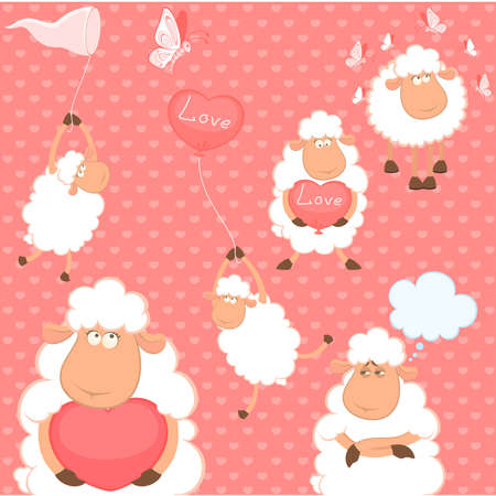 set of cartoon funny sheep with heartのイラスト素材
