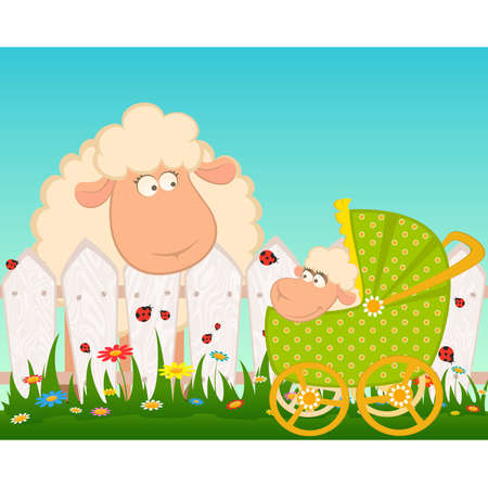 Cartoon smiling sheep with scribble baby carriageのイラスト素材