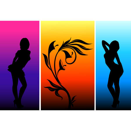 Beautiful grunge background with tropical flowers and women.のイラスト素材