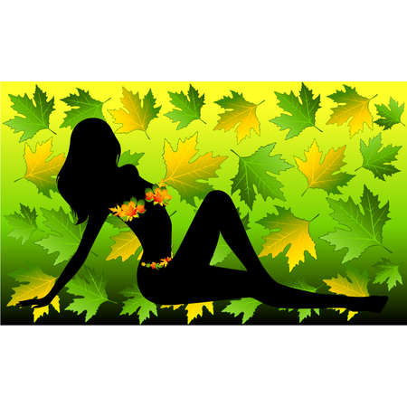 Silhouette of girl in autumnal leaves.のイラスト素材