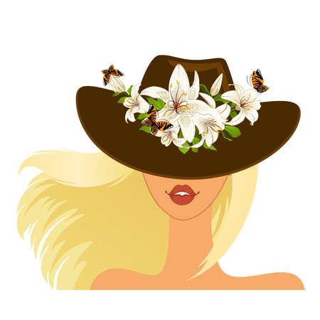 Beautiful girl in hat with beautiful tropical flowersのイラスト素材