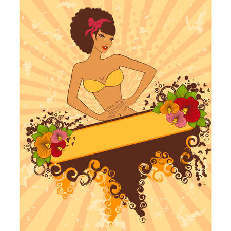 Beautiful girl with tropical flowers on an abstract backgroundのイラスト素材