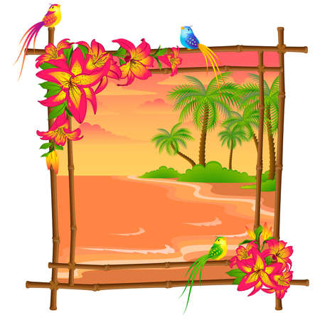 Beautiful summer beach with birds and flowersのイラスト素材
