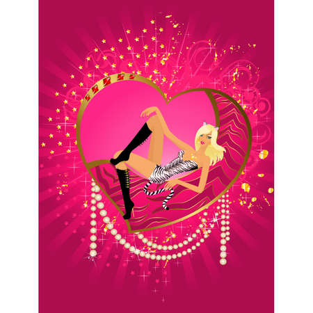 beautiful girl in the suit of tigress sits on a heart for day of Valentineのイラスト素材