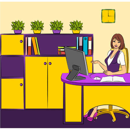 Beautiful business women sits in a chair in office. Vectorのイラスト素材