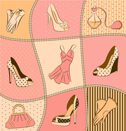 Cartoon woman's bag, perfume and shoes. の写真素材