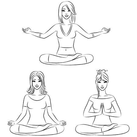 Beautiful girls sitting in yoga lotus position. Vector illustrationのイラスト素材