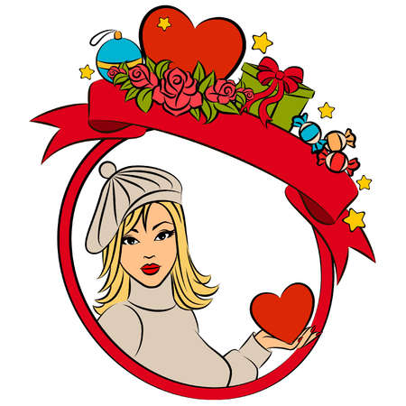 Vector beautiful girl with Christmas giftのイラスト素材