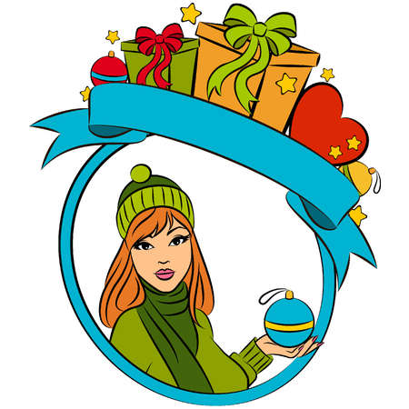 Vector beautiful girl with Christmas giftのイラスト素材
