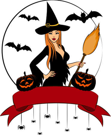 Girl witch with broom in Halloween style.の写真素材
