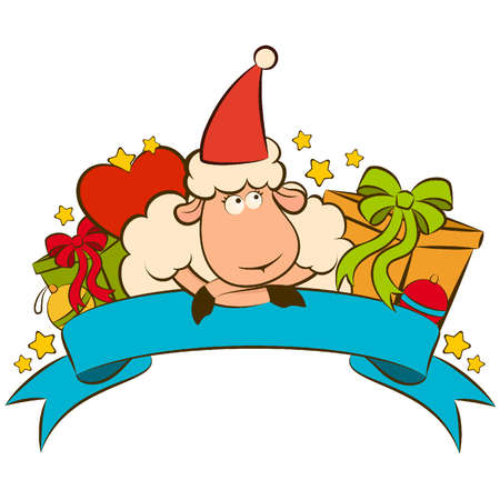 Cartoon funny sheep with gifts. Vector Christmas illustrationのイラスト素材