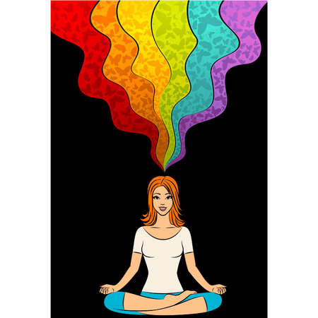 Beautiful woman sitting in yoga lotus position. Vector illustrationのイラスト素材