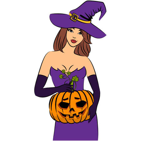 Girl witch with pumpkin in Halloween style. Vector illustrationのイラスト素材