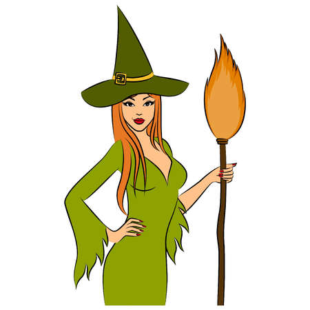 Girl witch with broom in Halloween style. Vector illustrationのイラスト素材