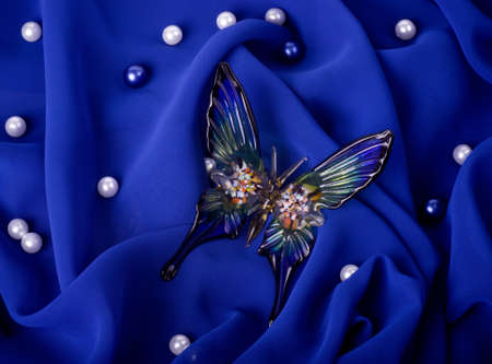 Beautiful butterfly on dark blue fabric