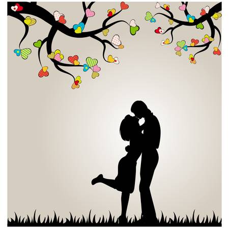 Valentine s day background with silhouette of lovers and hearts のイラスト素材