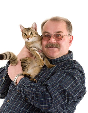 Old man with his cat on white backgroundの写真素材