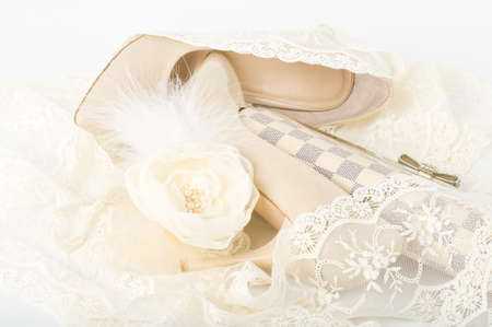 Sexy fashionable shoes and handbag isolated on white background の写真素材