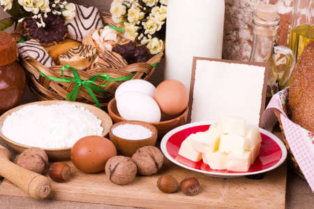 Tasty food ingredients and baking on background with banner add