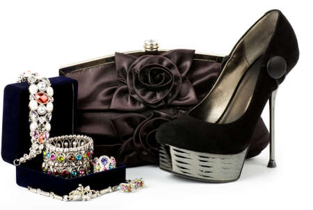 Sexy fashionable shoe, handbag with jewelryの写真素材