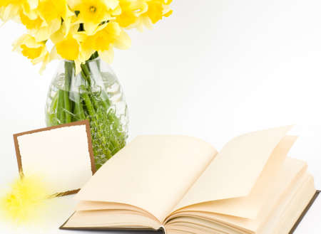 Beautiful spring flowers in a glass vase with banner addの写真素材