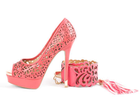Sexy fashionable shoe and belt isolated on white background 