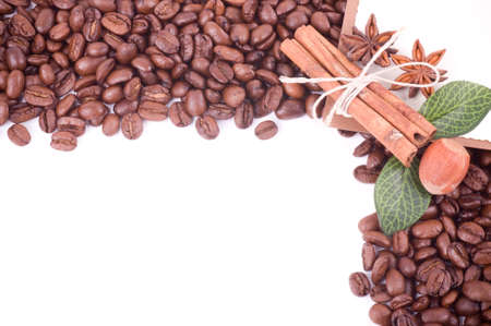 Coffee beans and cinnamon with paper bannerの写真素材