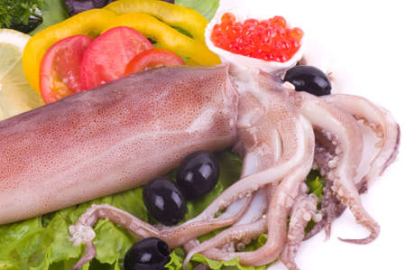 Raw squid with vegetables and red caviar on the white backgroundの写真素材