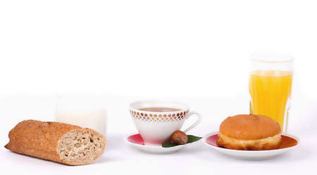 Beautiful breakfast set on white backgroundの写真素材