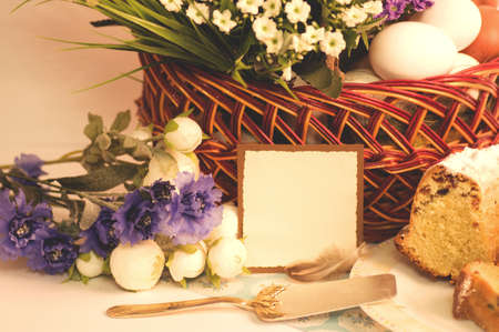Traditional Easter cake and easter eggs with flowersの写真素材