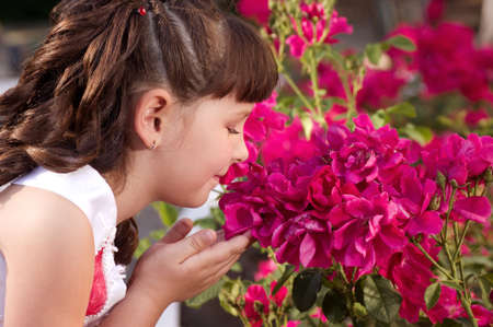 Happy beautiful girl smells flowersの写真素材