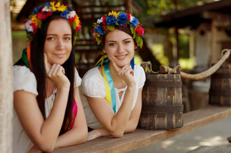 Ukrainian beautiful girls in national chapletの写真素材