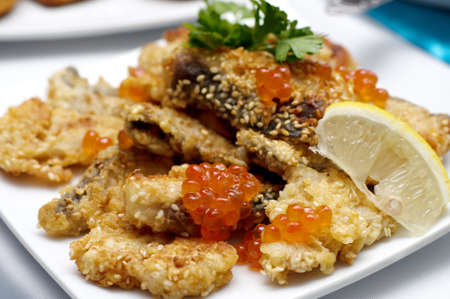 Delicious seafood salad on a banquet tableの写真素材