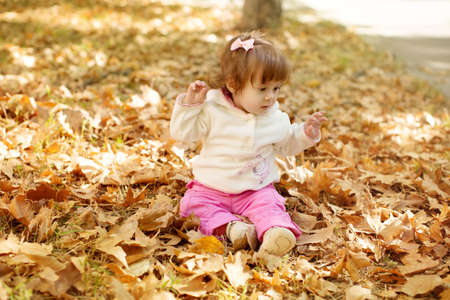 Beautiful little girl with autumn leaves in the beauty parkの写真素材