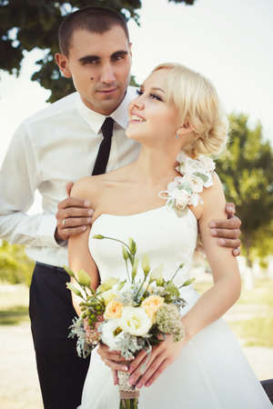 Bride and groom on their wedding dayの写真素材