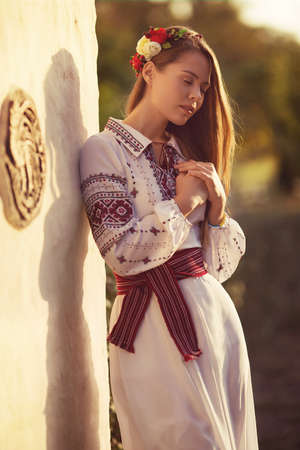 Ukrainian beautiful girl in national chapletの写真素材