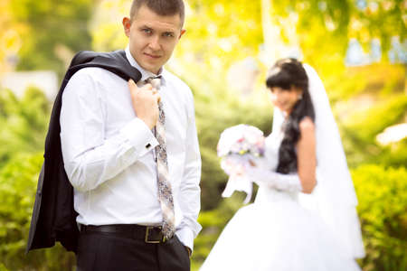 Bride and groom on their wedding dayの写真素材