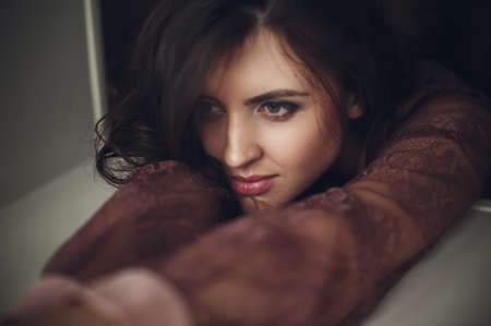 Portrait of beautiful young woman with makeupの写真素材