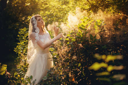 Beautiful bride in white dress in the gardenの写真素材